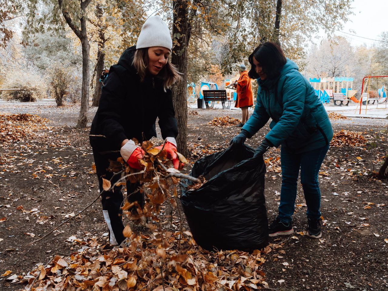В саратовском сквере «Территория детства» убрали листву, мусор и высадили 20 кленов
